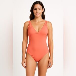 Kona Sol Women’s Orange One Piece Swimsuit L Adjustable Straps VNeck Summer Swim